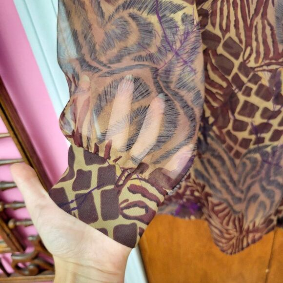 Vintage 90s Brown Animal Print Sheer Tunic Blouse - Picture 6 of 8